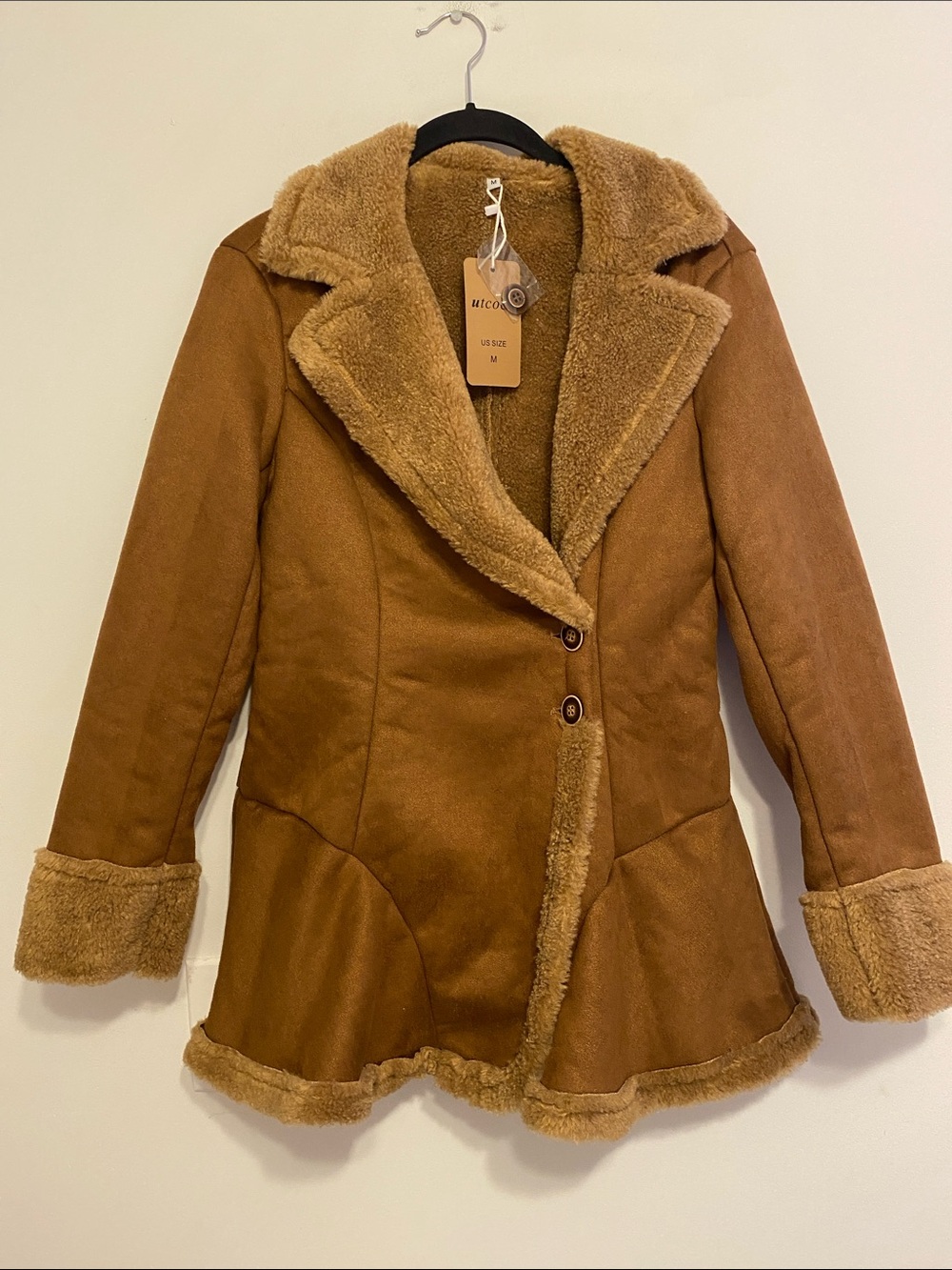 Women's Tan Faux Shearling Teddy Jacket with Plush Trim